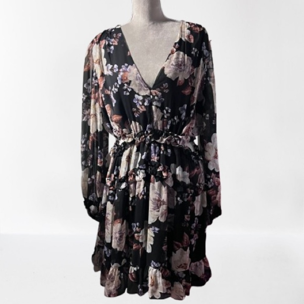 Ashley Stewart Black Floral Long Sleeve Nia Dress